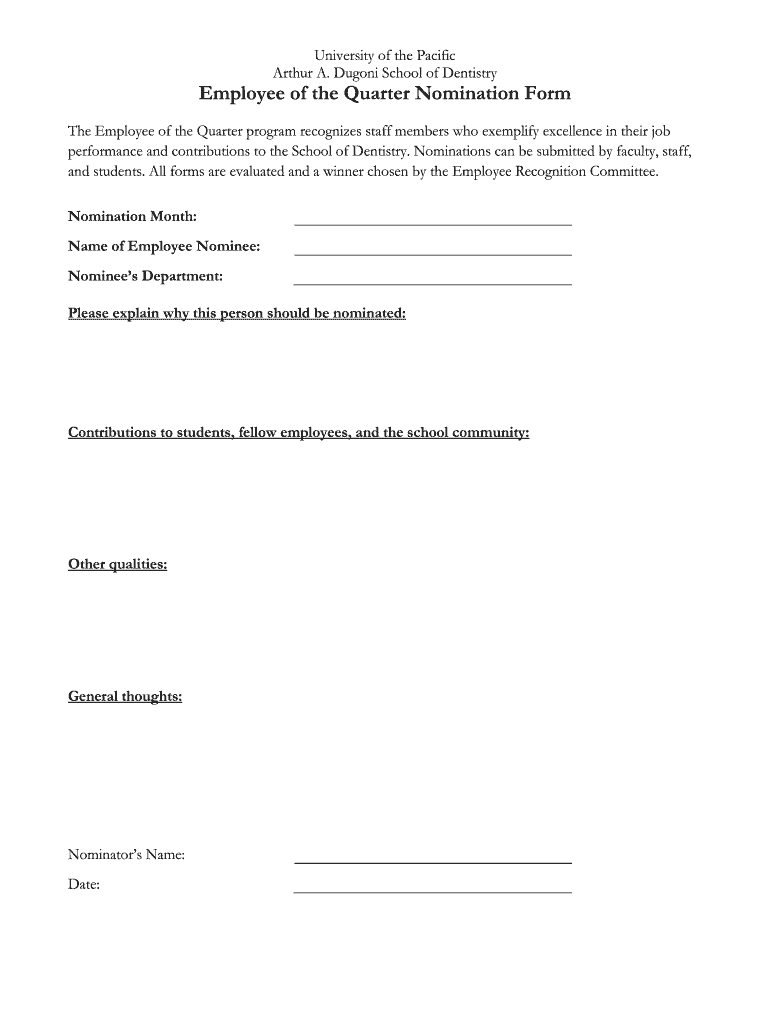 Employee of the Quarter Nomination Example  Form