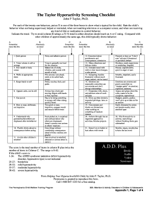 The Taylor Hyperactivity Screening Checklist Pennsylvania Child Pacwcbt Pitt  Form