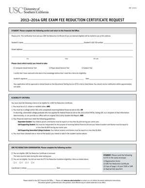  GRE EXAM FEE REDUCTION CERTIFICATE REQUEST Usc 2013-2024