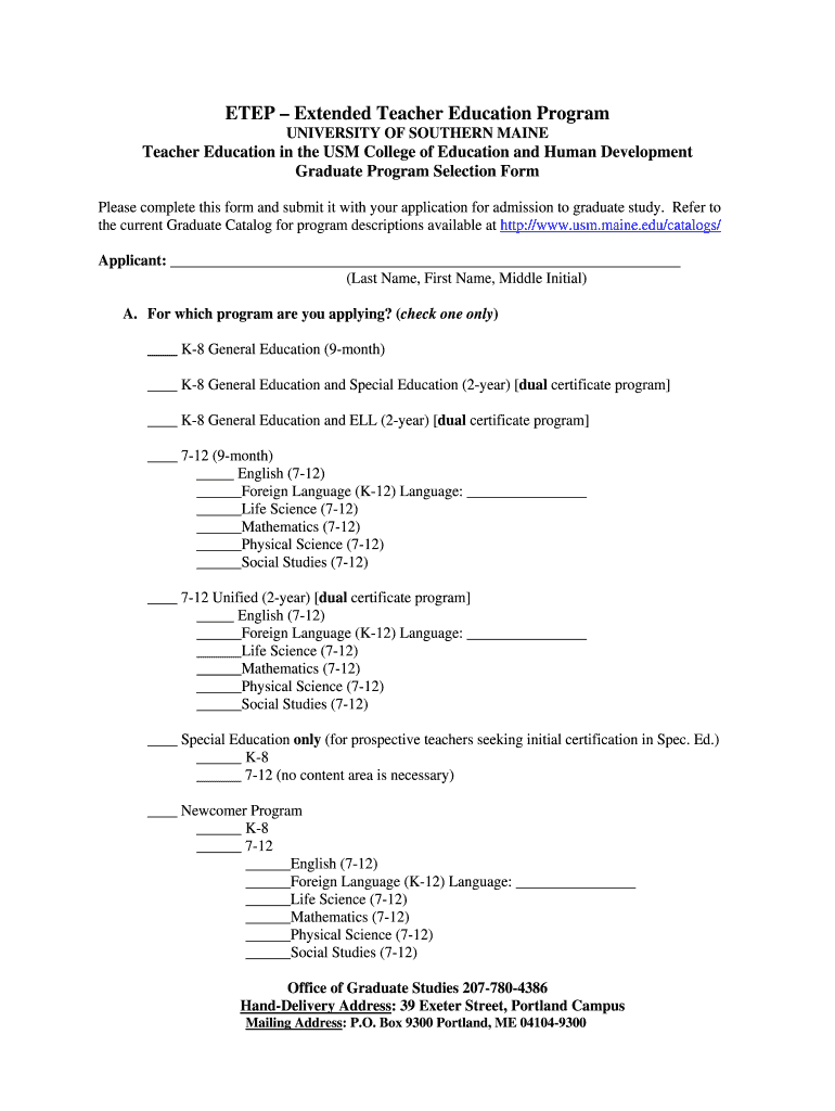 ETEP Program Selection Form  University of Southern Maine  Usm Maine