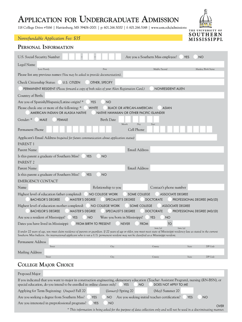  Printable App for Southern Miss University Form 2012-2023