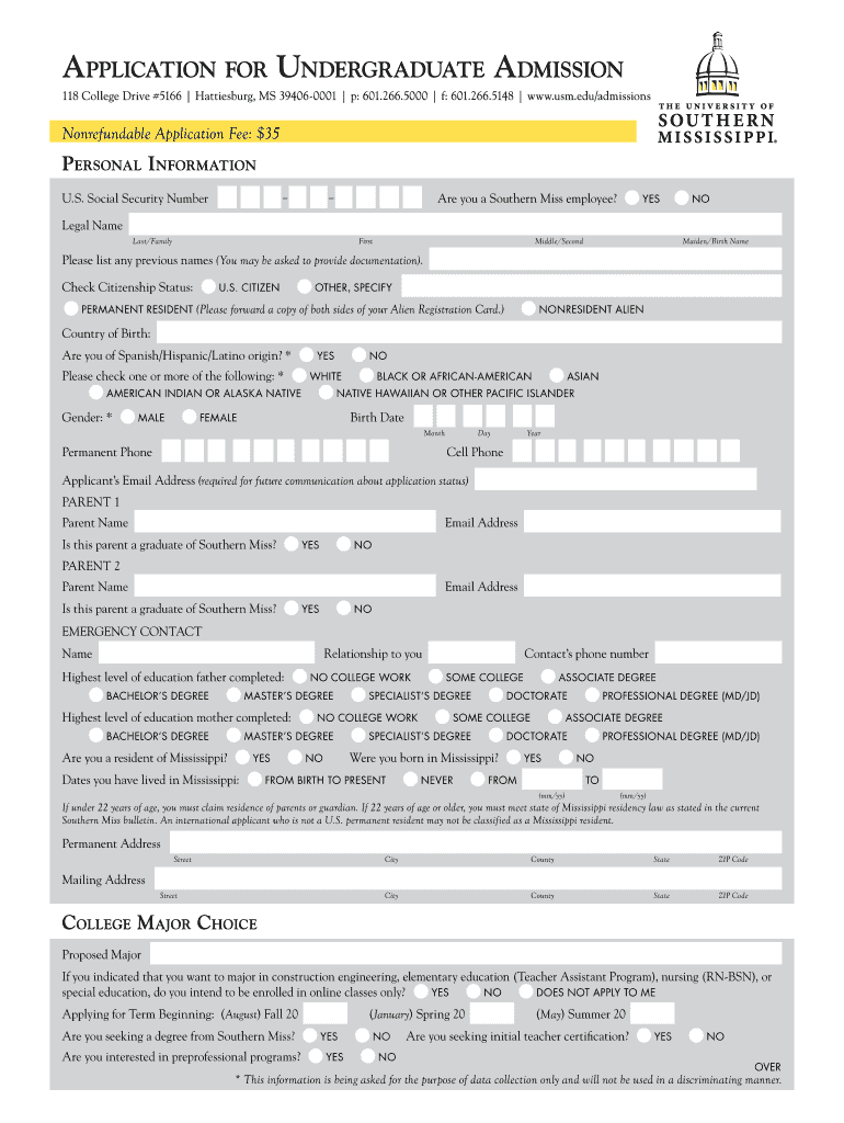  Printable App for Southern Miss University Form 2012-2024