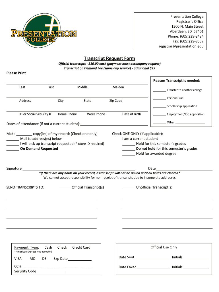 Presentation College Transcript Request  Form