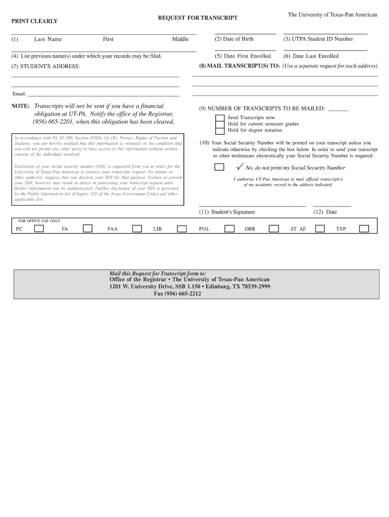 Utpa Transcript Request  Form