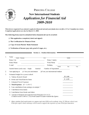 Principia College New International Students Application for Financial Aid This Form is Required If You Intend to Apply for Fina