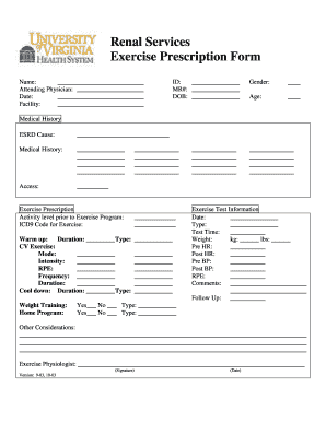 Renal Services Exercise Prescription Form University of Virginia Healthsystem Virginia