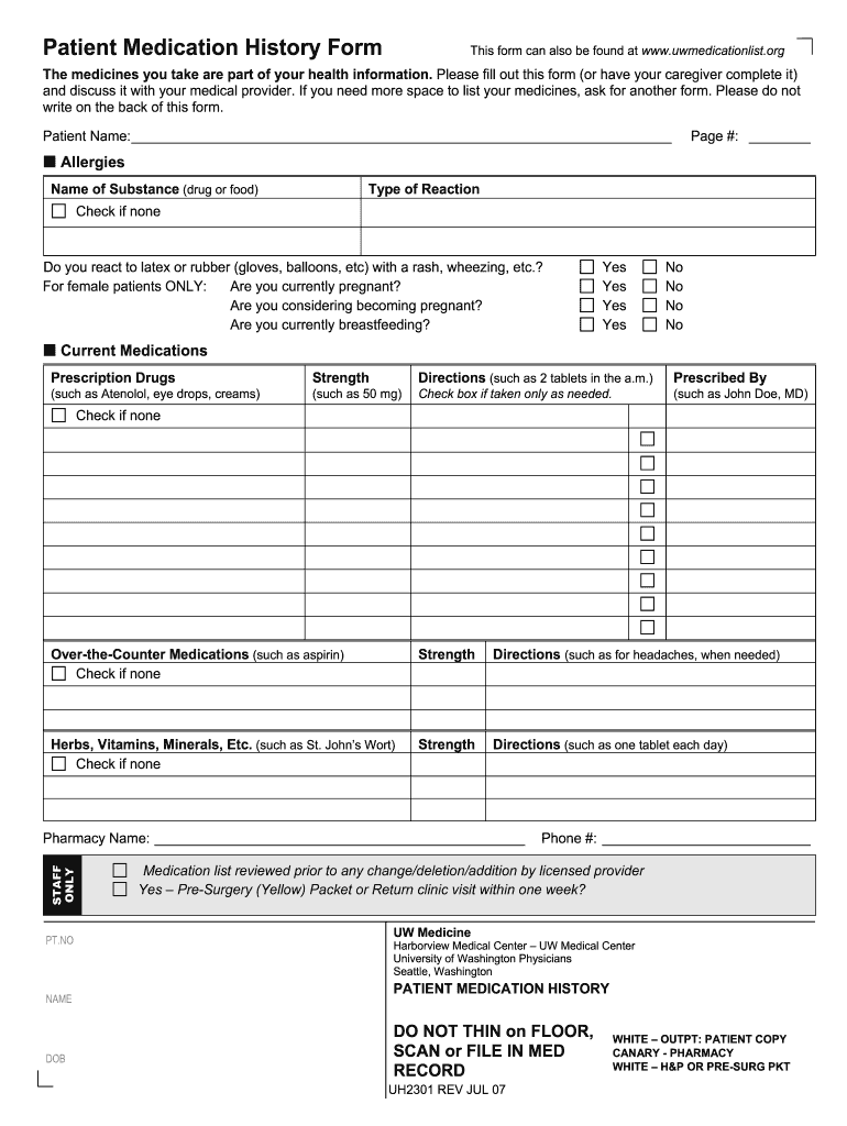  Patient Medication History Form UW Medicine Depts Washington 2007