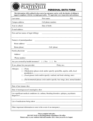 Uw Platteville Personal Data Form