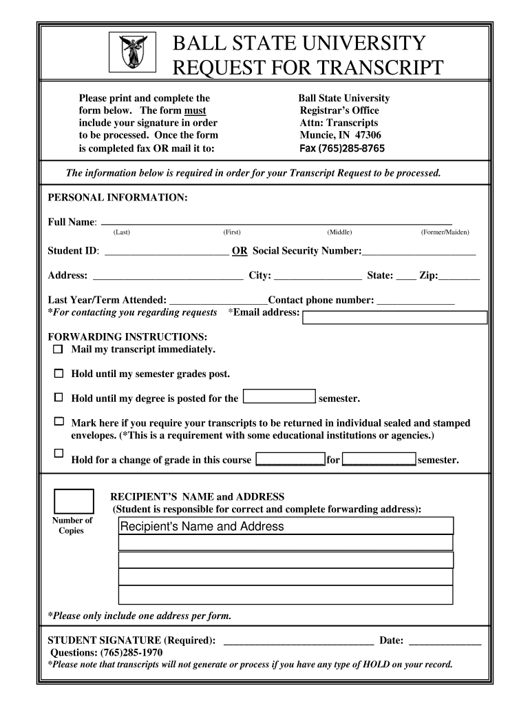 Request Transcript from Ball State University  Form