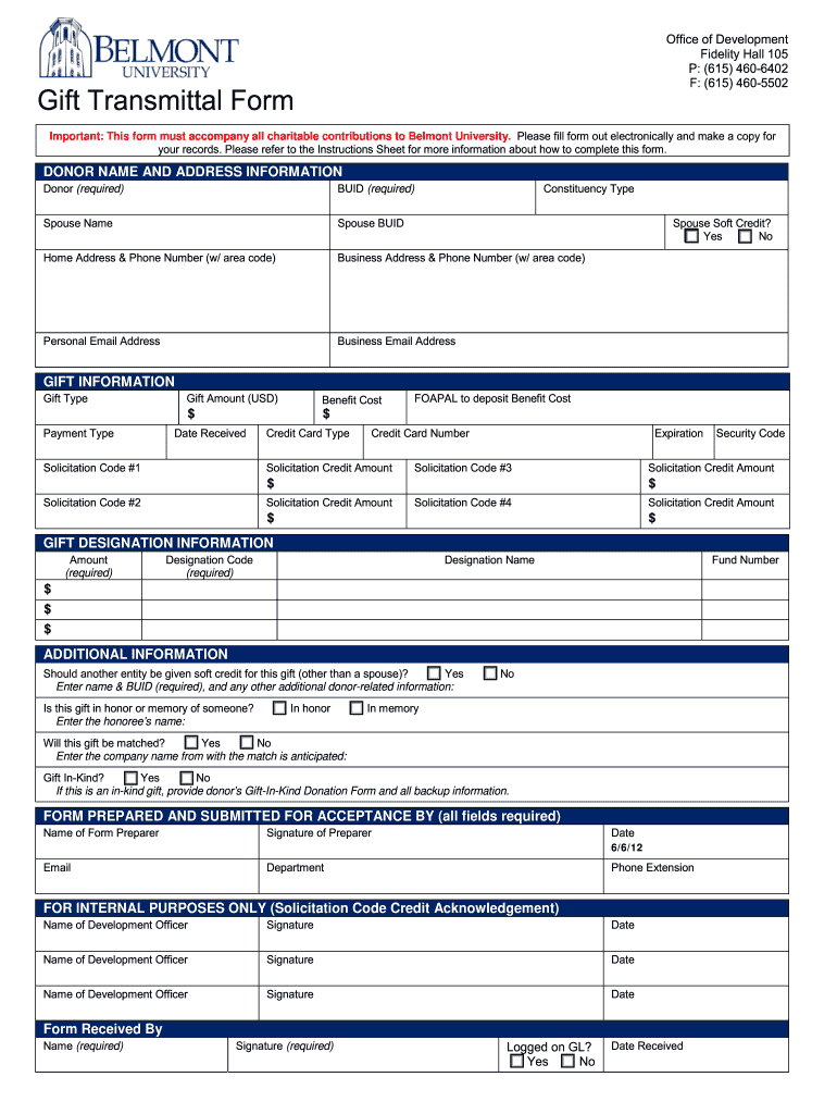 Gift Transmittal Form Belmont University Belmont