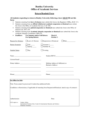 Bentley Registrar Returnreadmit Form