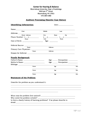 Case History Form to Fill Out for Children with Auditory Processing Disorder