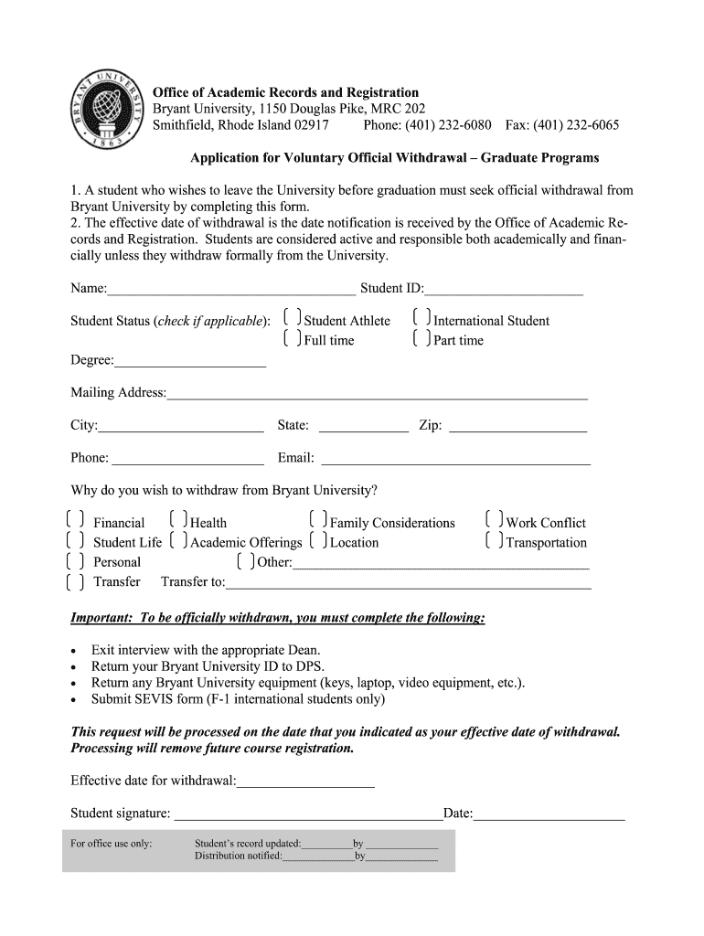 Bryant University Withdrawal Form