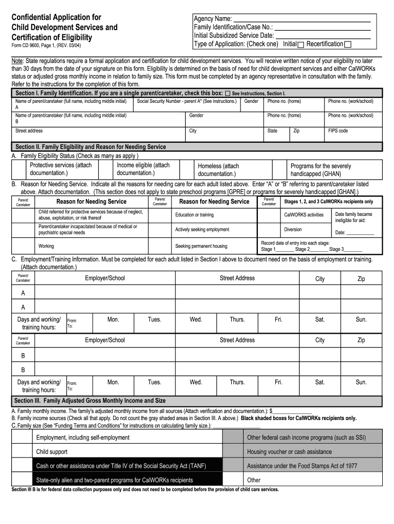  CD9600 Application for Child Development Services  Child 2004