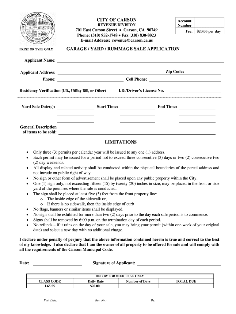 Yard Sale Permit Application  City of Carson  Form