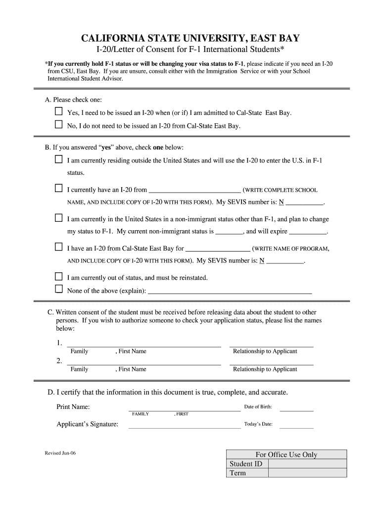 I 20 Consent Form for F1 International Students California State Www20 Csueastbay