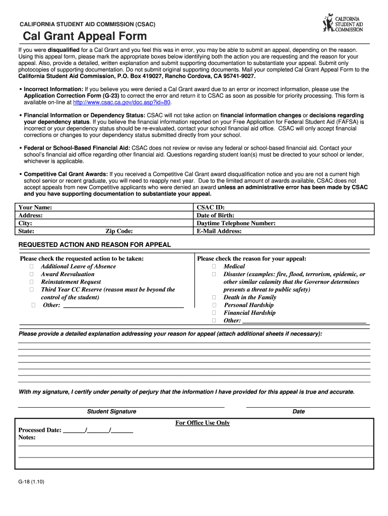  Cal Grant Appeal Form 2010-2023