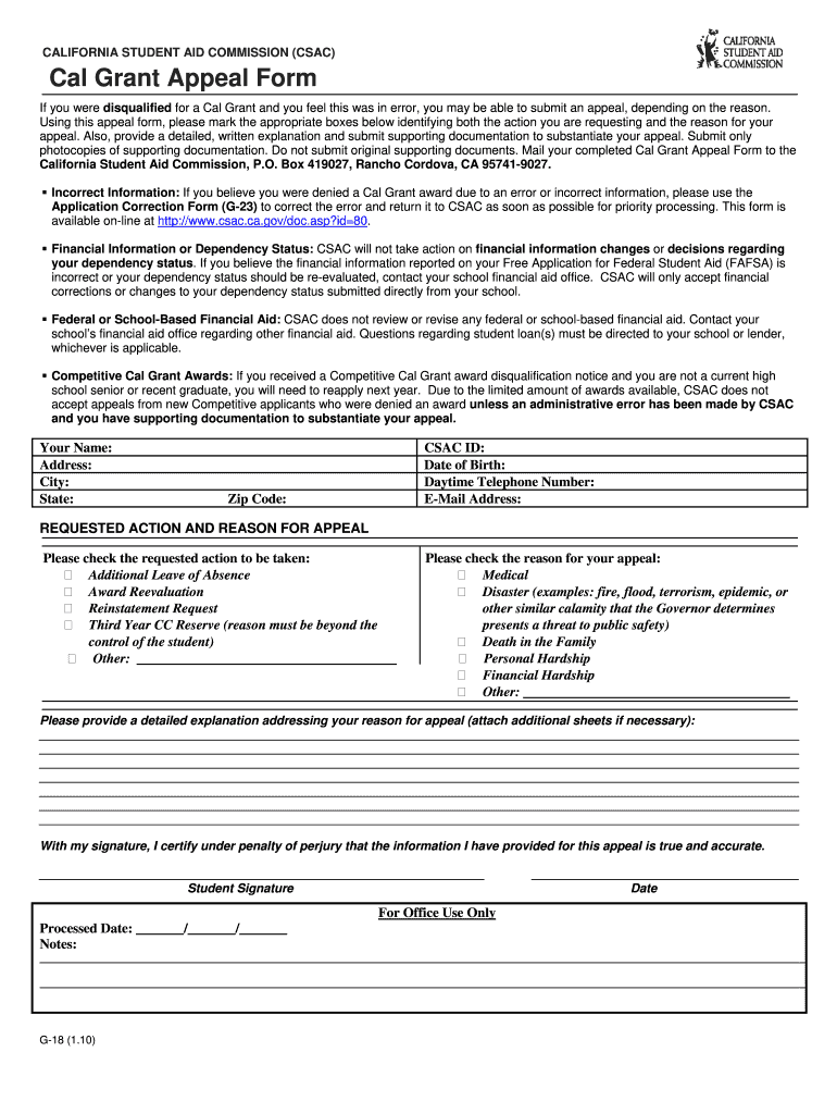  Cal Grant Appeal Form 2010-2024