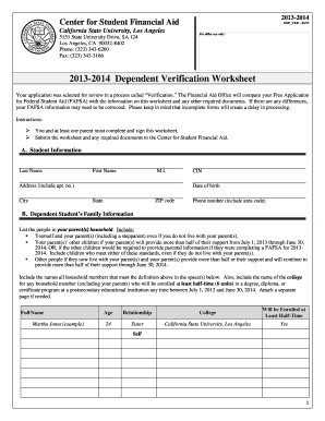 Csula Dependent Verification Worksheet  Form