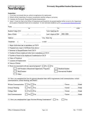 Csun Disqualification Questionnaire  Form