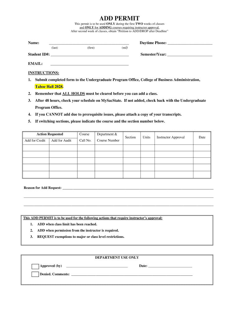 ADD PERMIT  College of Business Administration  Cba Csus  Form