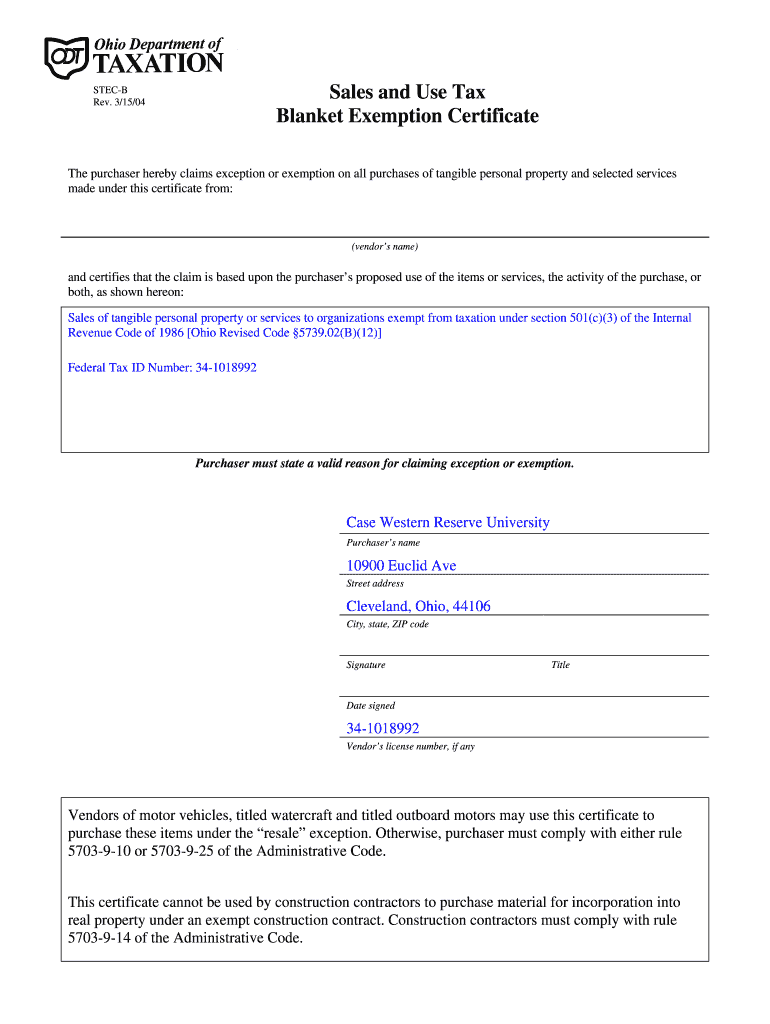 Case Western Tax Exempt Certificate  Form