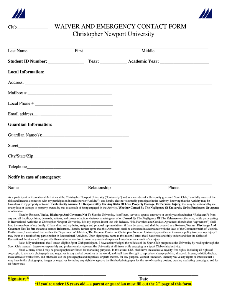 Emergency Contact Form Christopher Newport University Cnu