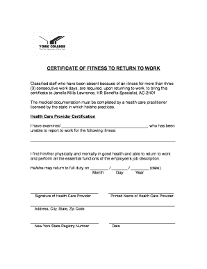 Return to Work Certificate  Form