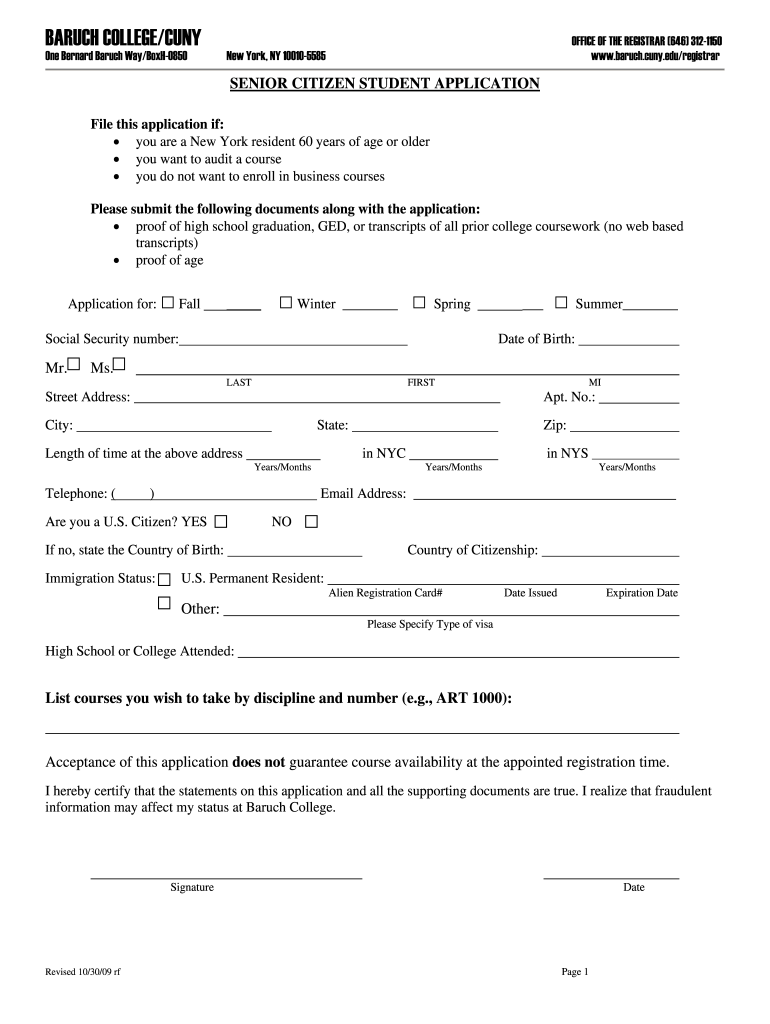 Get and Sign Baruch College Senior Citizen Program 2009-2022 Form