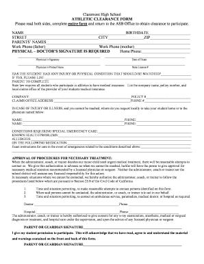 Claremont High School Athletic Clearance Form