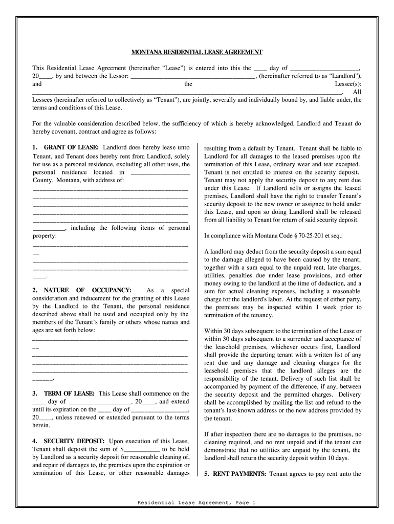 Montana Residential Rental Lease Agreement  Form