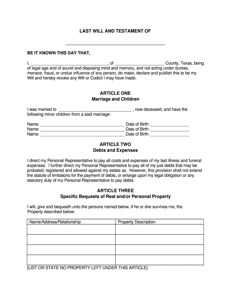 Texas Will Template Form Fill Out and Sign Printable PDF Template