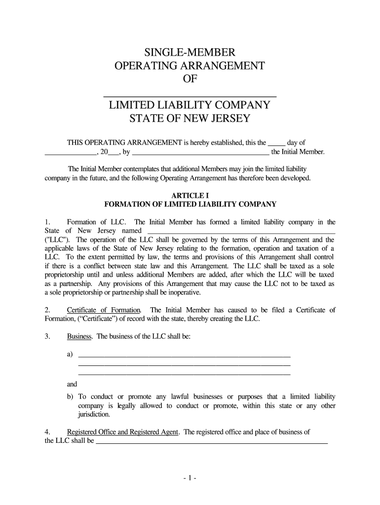 Single Member Llc Operating Agreement Nj  Form