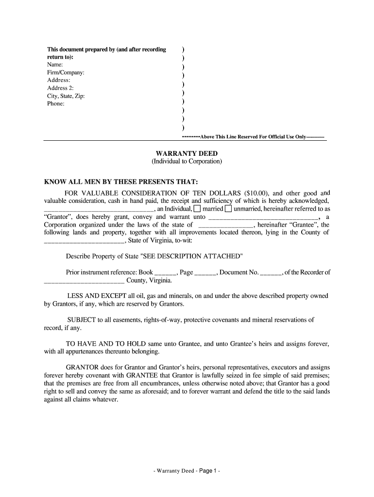 Virginia Warranty Deed from Individual to Corporation  Form