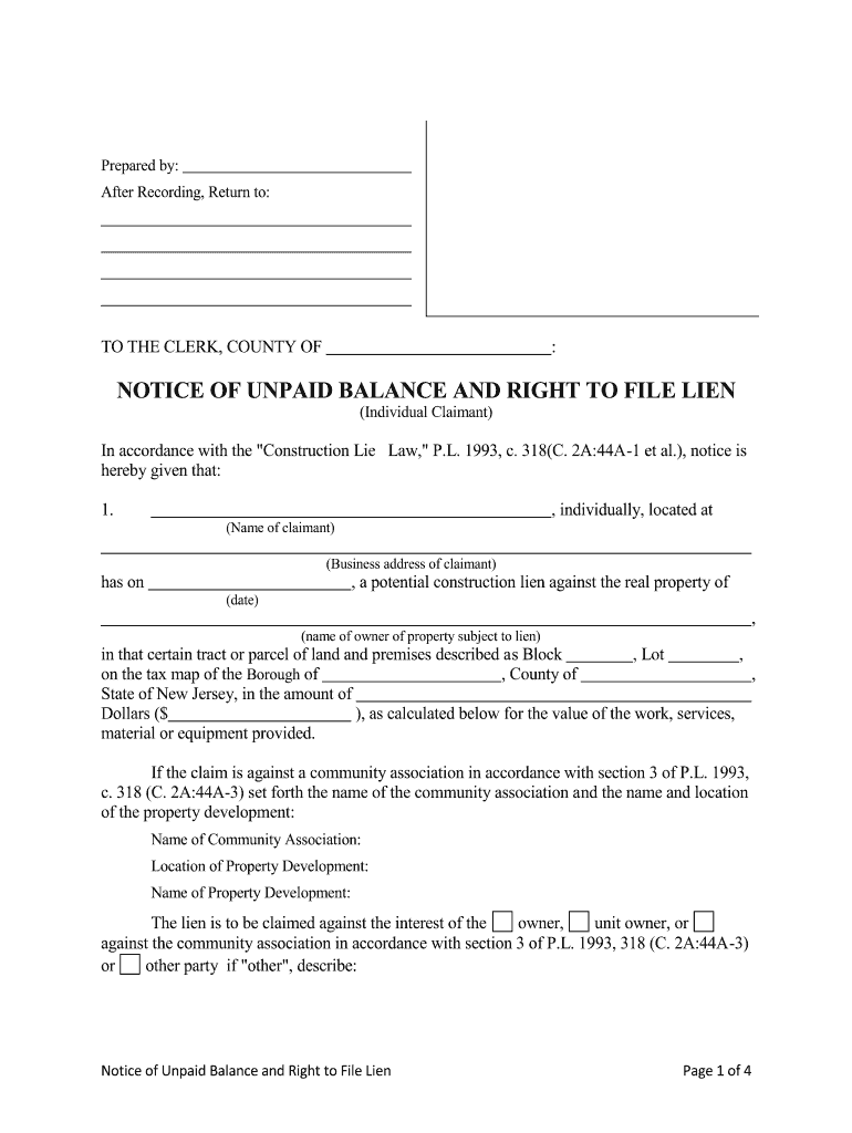 New Jersey Notice of Unpaid Balance and Right to File Lien Mechanic Liens Individual  Form