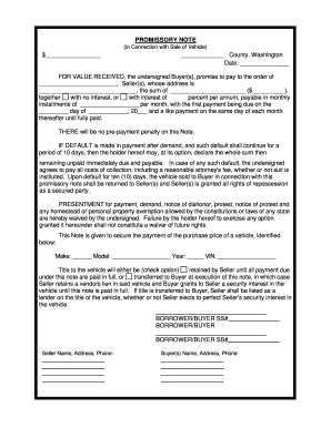 Washington Promissory Note in Connection with Sale of Vehicle or Automobile  Form