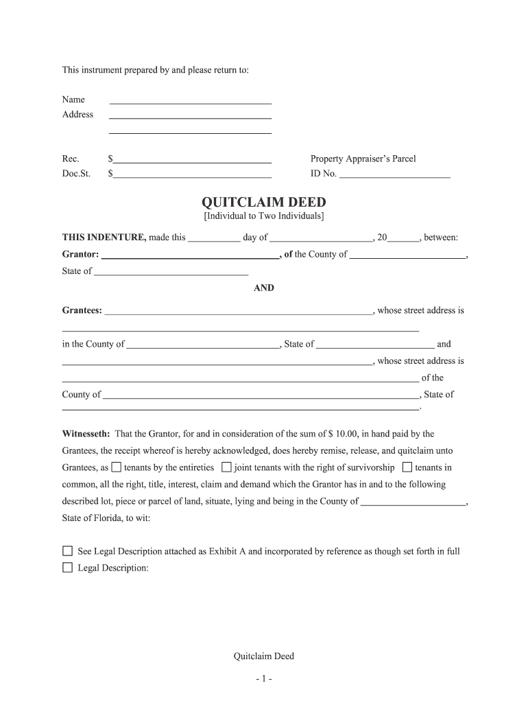 Florida Quitclaim Deed from Individual to Two Individuals in Joint Tenancy  Form