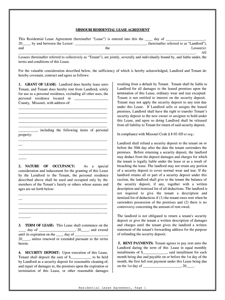 Missouri Lease Agreement  Form