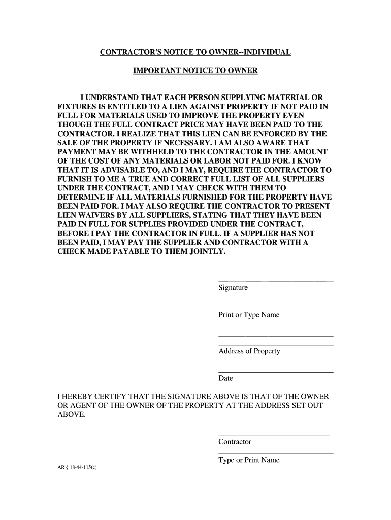 Arkansas Contractor's Notice to Owner  Individual  Form