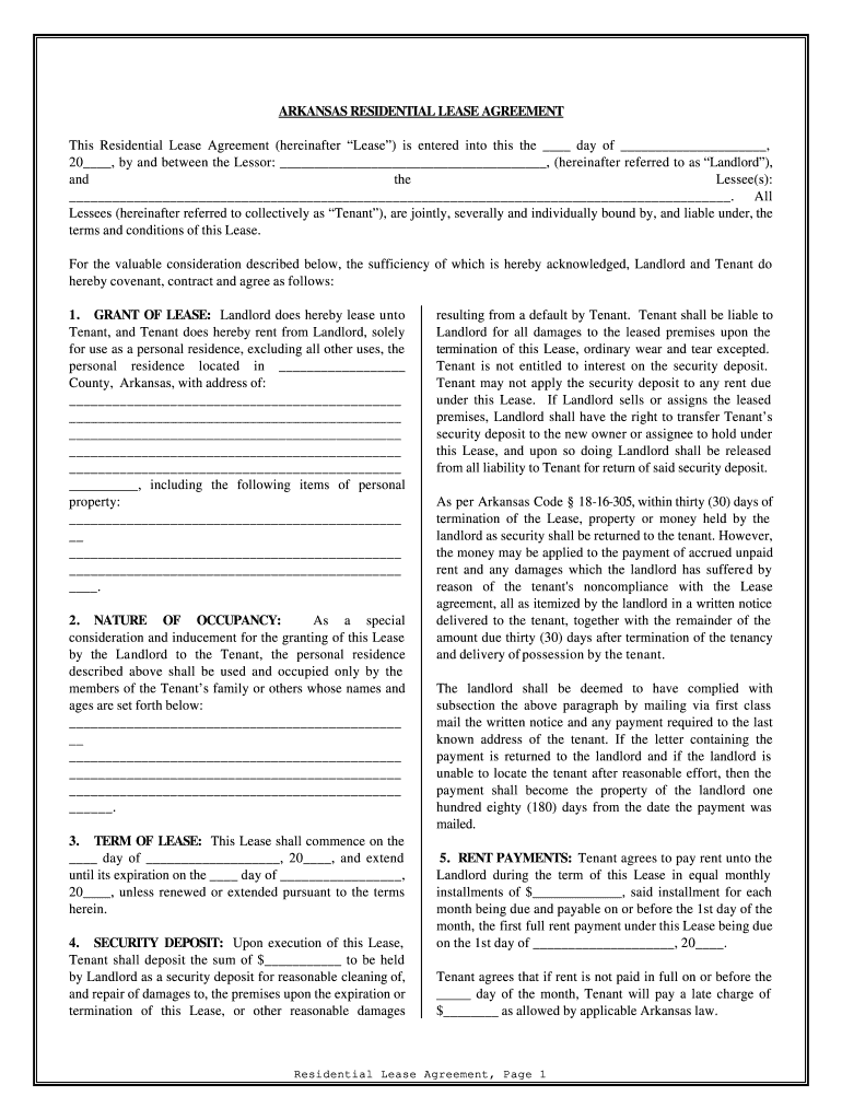 Arkansas Residential Lease Agreement  Form