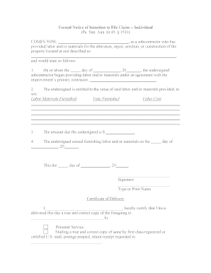 Pa Notice of Intent to File Lien Form