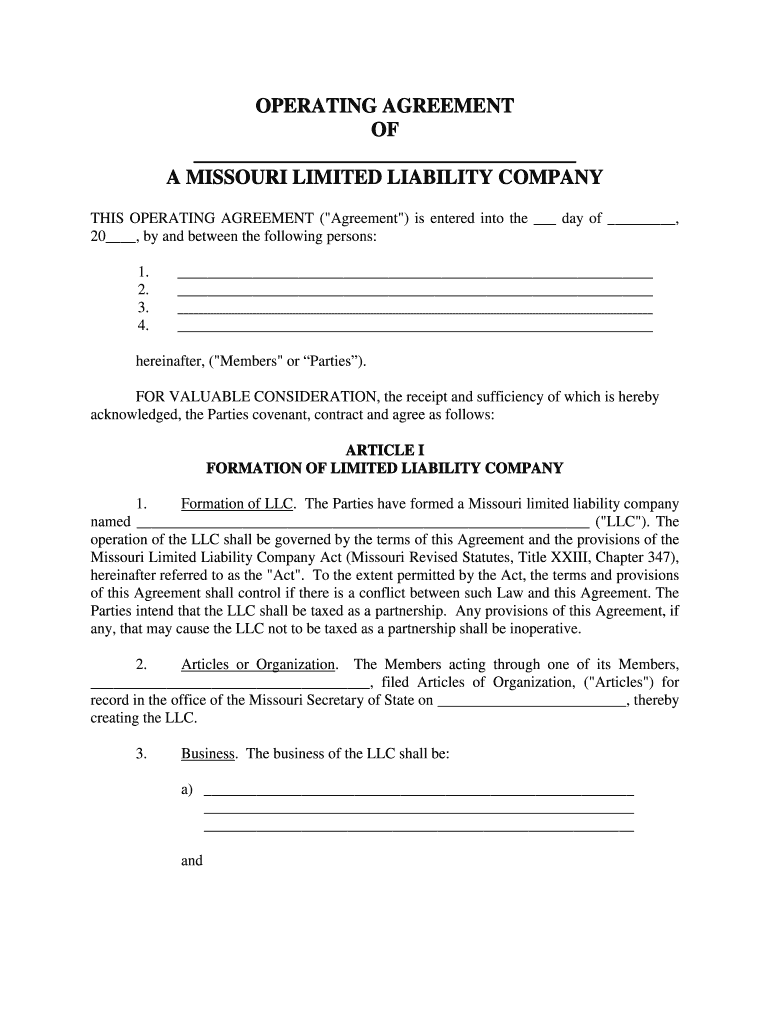 Llc Operating Agreement Missouri  Form