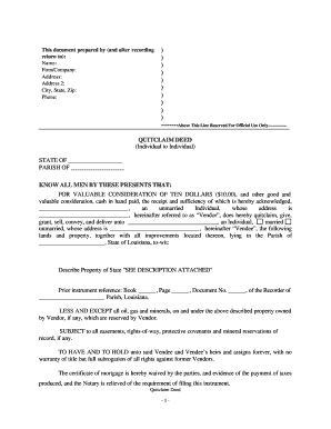 Louisiana Quitclaim Deed from Individual to Individual Without Waiver of Dower, Curtsey, and Homestead  Form