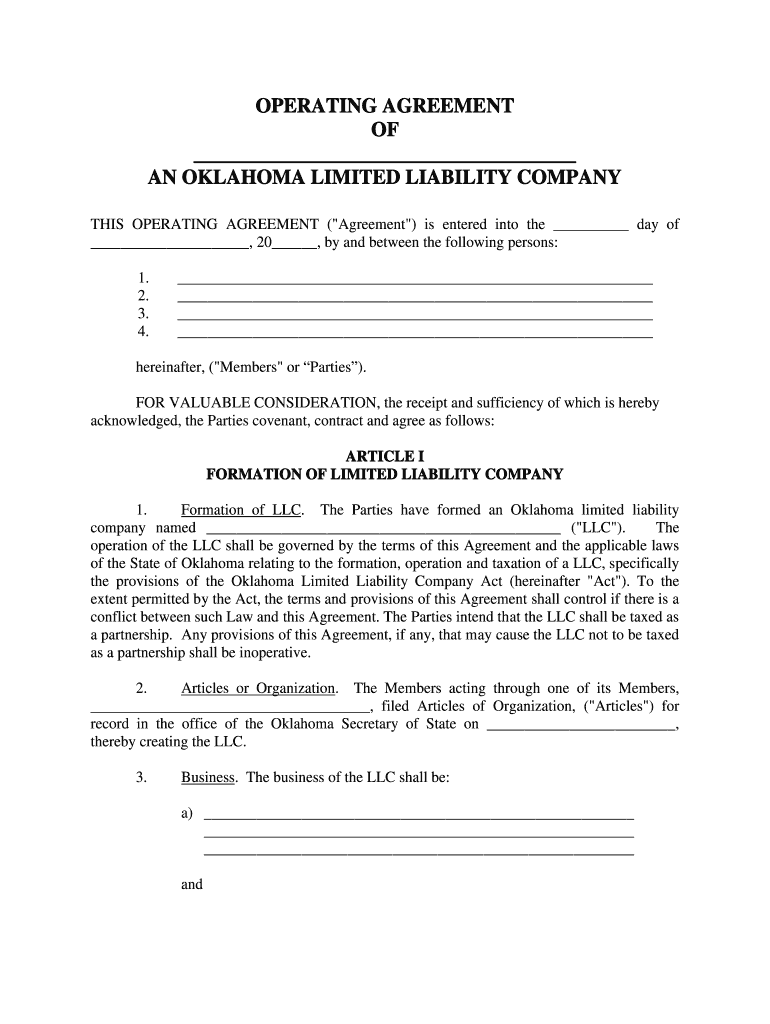 Llc Operating Agreement Oklahoma  Form