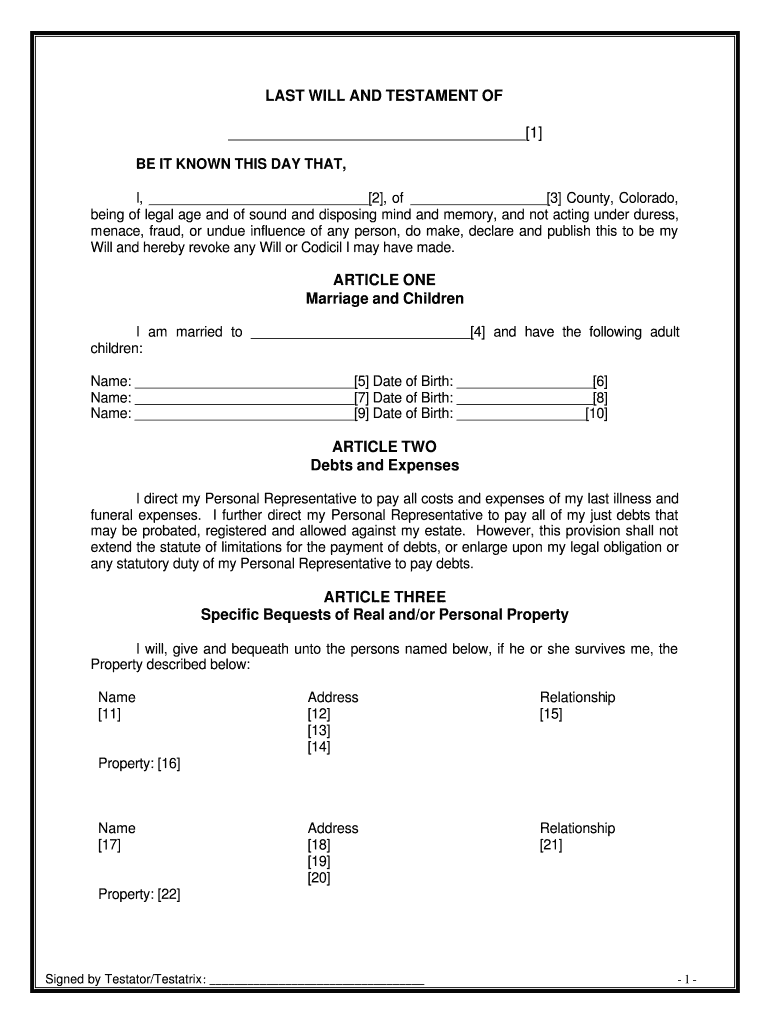 Colorado Legal Last Will and Testament Form for Married Person with Adult Children