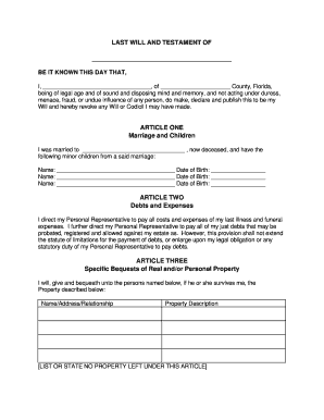 Printable Last Will and Testament Blank Forms Florida