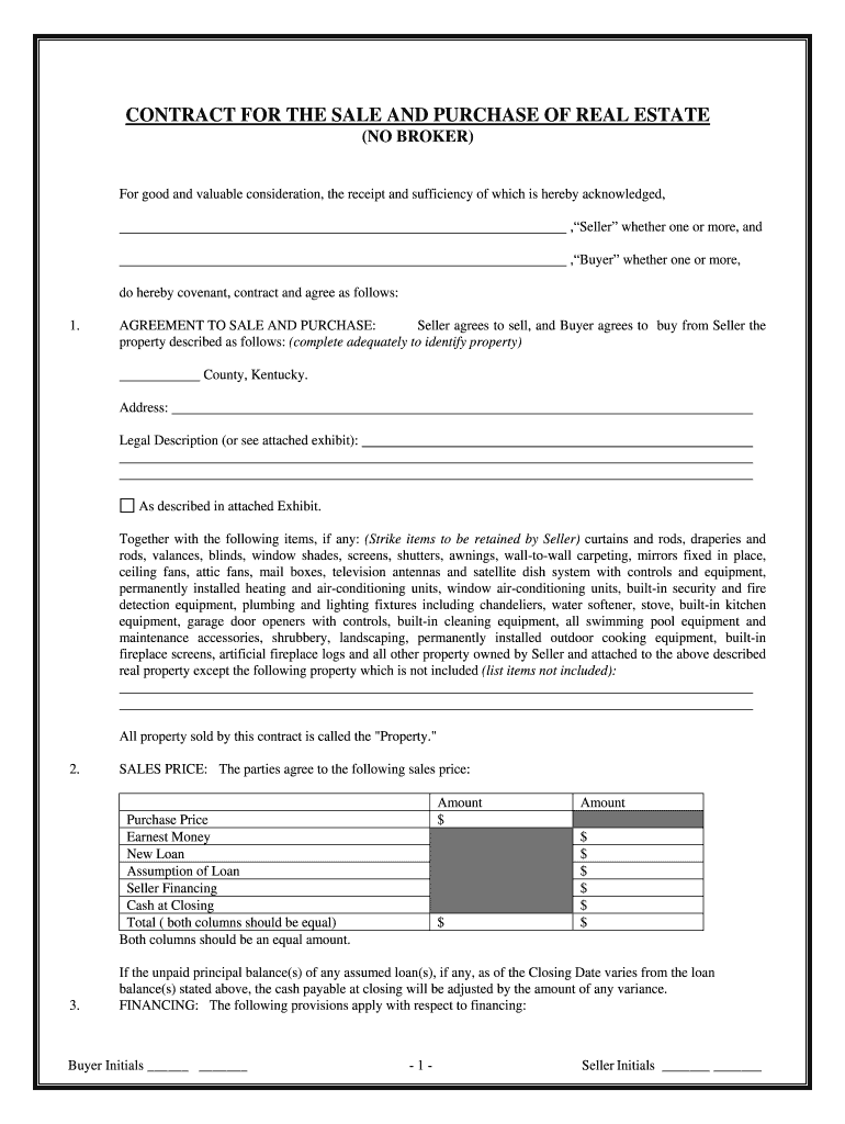Kentucky Contract for Sale and Purchase of Real Estate with No Broker for Residential Home Sale Agreement  Form