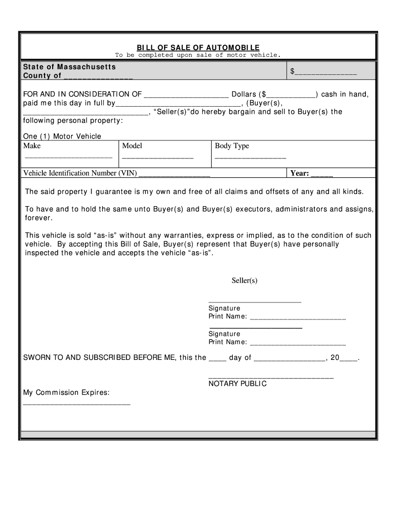 Odometer Disclosure Statement Massachusetts  Form