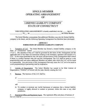 Connecticut Single Member Limited Liability Company LLC Operating Agreement  Form