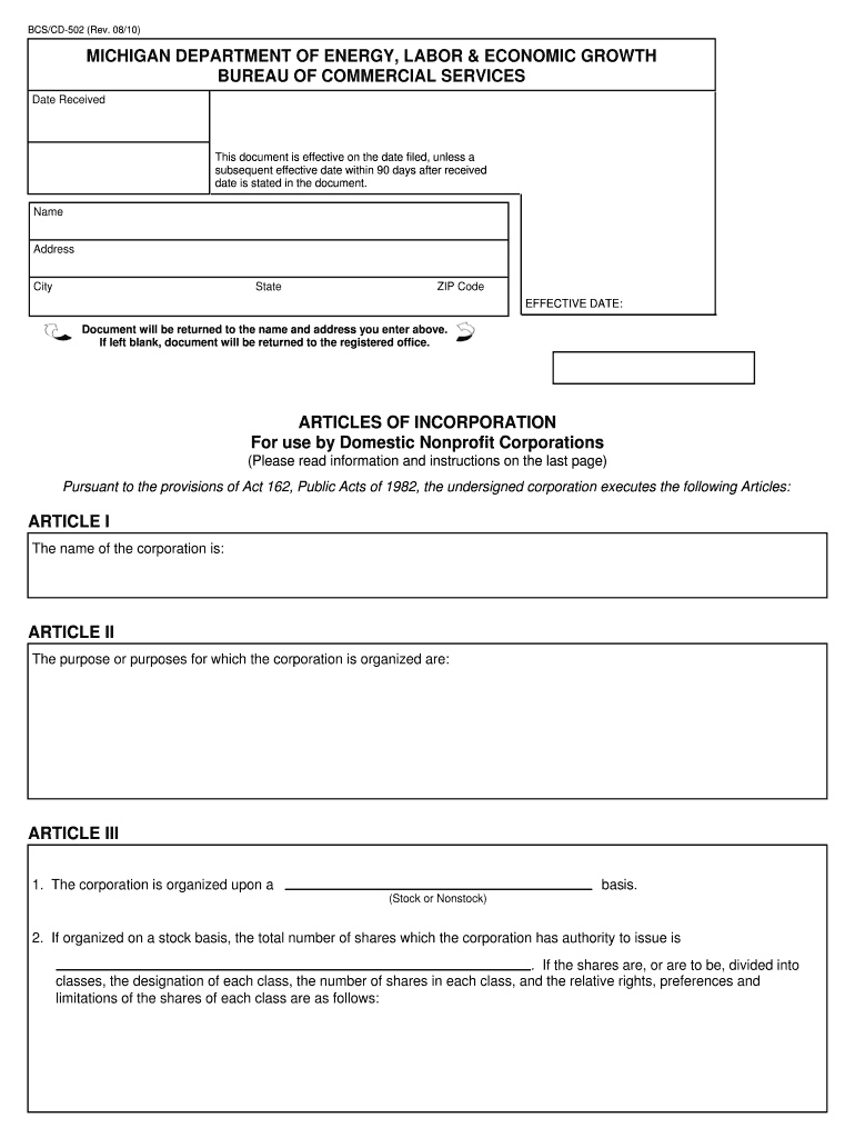 Michigan Articles of Incorporation for Domestic Nonprofit Corporation  Form